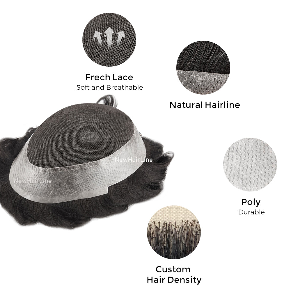 Thin PU Skin with French lace in Middle Toupee For Men New-Hair-Line